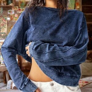 Pol Distressed Blue Shirt Top Boho Long Sleeves T-shirt  Women's M/L